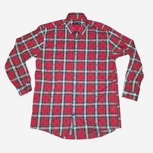 J. Ferrar Mens‎ Slim Fit Red Plaid Skull Print Stretch Button Down Shirt Large